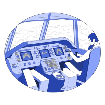 A pilot's hands are firmly gripping the controls of a high-tech aircraft cockpit. The cockpit is filled with an array of advanced instruments and displays, featuring various dials, buttons, and a large touchscreen panel. The pilot’s hands are visibly positioned over the yoke and throttle, displaying focus and control. Through the expansive cockpit windows, the horizon is clearly visible, showcasing an expanse of sky with clouds below. The instruments are illuminated, highlighting the precision and technology present in the cockpit environment.