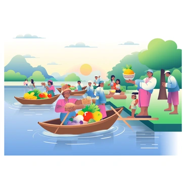 A traditional floating market scene unfolds along a wide river, where several wooden boats are anchored. Each boat is filled with colorful fruits and vegetables, showcasing a variety of produce like bright red tomatoes, yellow bananas, and green leafy vegetables. Merchants, dressed in traditional attire, are interacting with customers, exchanging goods for currency. The scene is lively, with one merchant holding out a basket of fresh mangoes to a customer in a nearby boat. On the riverbank, spectators watch the bustling activity, some taking photographs. Lush greenery lines the river, adding a vibrant backdrop to the market. The sky is a soft gradient of blue as the sun begins to set, casting warm light over the scene.