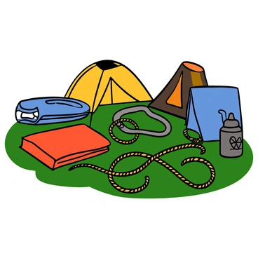 A collection of camping gear laid out on a grassy surface. There is a shiny carabiner prominently displayed among thick ropes of various colors. Several folded tents are arranged neatly nearby, showcasing their different sizes and designs. Other camping items such as a sleeping bag and a camping stove are also visible in the scene, adding to the overall outdoor theme.
