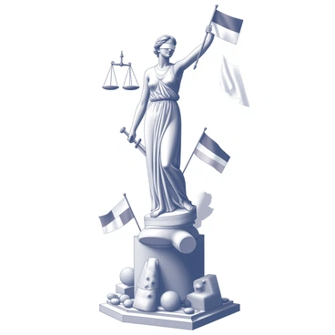 A tall, majestic statue of "Themis", the Greek goddess of justice, stands with her eyes covered by a blindfold, symbolizing impartiality. She holds a balanced scale in one hand and a sword in the other, representing fairness and the enforcement of law. Surrounding her are various flags from different countries, each flag fluttering gently in the wind, symbolizing global justice and unity. The ground beneath her feet is adorned with intricate stone patterns, adding a sense of stability and strength to the scene. The overall composition emphasizes the themes of justice and international collaboration.