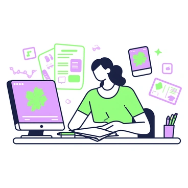 An illustrator is sitting at a workspace filled with tools and materials. She has a sketchbook open in front of her, showing various drafts of illustrations for a blog. On the table, there are markers, colored pencils, and a digital tablet displaying a vibrant design. To her left, a monitor shows the current outdated visuals that she is planning to replace. There are sticky notes with ideas and concepts scattered around her workspace. The overall atmosphere conveys creativity and focus as she works on revitalizing the blog's images.