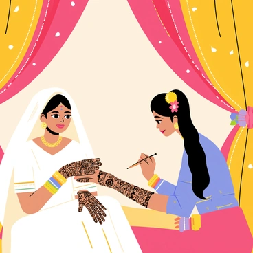 A close-up view of a bride's hands adorned with intricate henna patterns, showcasing detailed floral and paisley designs. The bride is sitting gracefully beside a beautifully decorated mandap, which features vibrant drapes in shades of red and gold, embellished with fresh flowers and twinkling lights. The henna artist is seen carefully applying the henna onto the bride's hands, with a focused expression, surrounded by colorful traditional accessories like bangles and ornate rings. The scene captures the festive atmosphere of the celebration.