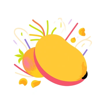A large, round mango sits in the center, with vibrant yellow and orange hues. Splashing out from the mango are colorful bursts of juice in shades of green, red, and purple. Surrounding the mango are small, cartoon-style mango slices and bits, adding to the explosion of flavors. The background features swirling lines of color that replicate the sensation of fruity aromas, enhancing the scene's dynamic feel.