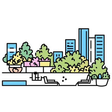 A rooftop garden, featuring a variety of green plants and colorful flowers in decorative pots. The space is surrounded by a low railing, with the city skyline visible in the background. Tall buildings with glass windows reflect the sunlight, creating a contrast with the vibrant greenery in the foreground. Small seating areas with minimalist furniture can be seen among the plants, inviting relaxation.