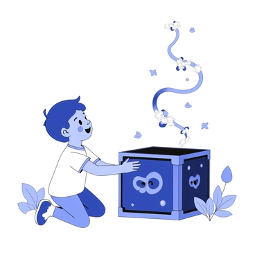 A child opening a black box that releases swirling magical creatures