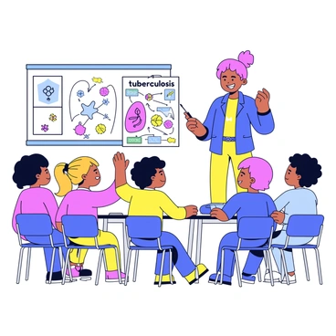 A teacher stands at the front of a bright classroom, engaging a group of attentive children. The teacher is holding a colorful poster that illustrates "tuberculosis" with simple graphics. On the poster, there are images of lungs, bacteria, and arrows showing how the disease spreads. The children sit at their desks, looking curious and interested. Some children have their hands raised, ready to ask questions. The classroom is decorated with educational charts and a large window letting in natural light.