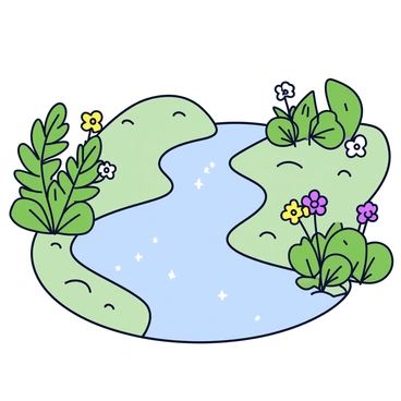 A clear, winding stream flows gently through the landscape. The water reflects the light, creating sparkles on its surface. Along the banks of the stream, lush green ferns grow abundantly, their leaves unfurling gracefully. Small wildflowers in various colors, such as yellow, purple, and white, dot the landscape, adding vibrant accents among the greenery. The scene is tranquil, showcasing the harmony of nature.