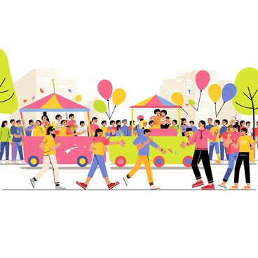 A lively parade taking place on a sunlit street filled with spectators. Colorful floats adorned with vibrant decorations are rolling by, showcasing cheerful themes. Performers dressed in bright costumes are marching alongside the floats, some juggling and others dancing with rhythm. Balloons of various shapes and colors are floating above the crowd, adding to the festive atmosphere. Groups of excited children are waving flags and clapping their hands as the parade moves forward.