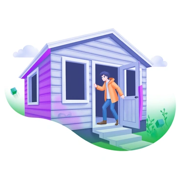 A person standing at the threshold of an old, abandoned house, hesitating with a look of uncertainty. They are wearing a warm jacket and jeans, with their hand resting on the open door. The house has weathered wooden boards and cracked windows, revealing dark, empty rooms inside. Overgrown weeds surround the entrance, and the sky is slightly cloudy, casting a muted light on the scene. The person's expression reflects curiosity and caution as they peer into the dim interior.