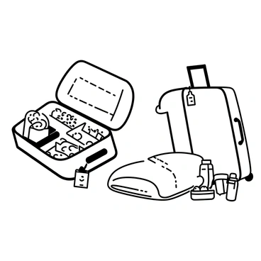 A suitcase is open and packed for travel on one side, filled with clothes, toiletries, and various travel essentials, with a patterned travel tag hanging from the handle. On the other side, a comfy blanket is laid out, neatly folded, and beside it are several snacks arranged in small containers, including fruits, chips, and a water bottle. The background features a simple setting that hints at both adventure and relaxation.