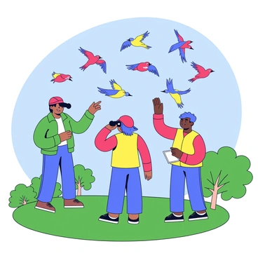 A group of three birdwatchers stands on a grassy hilltop, each equipped with binoculars. They are focused on a flock of vivid birds flying in the blue sky. One birdwatcher, wearing a green jacket, points excitedly towards the flock. Another, in a red hat, makes notes in a small notepad. The third birdwatcher, dressed in a yellow vest, raises binoculars to their eyes, observing closely. Below, the trees are lush and green, providing a natural habitat for the birds. Brightly colored birds, with shades of red, blue, and yellow, can be seen in various poses as they soar through the air.