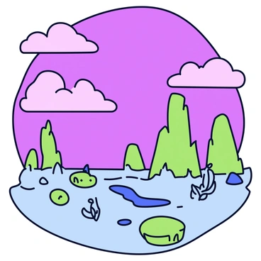 A surreal alien landscape featuring expansive purple skies filled with soft, fluffy clouds. The ground is covered in unusual rock formations, some towering high with jagged edges and others low and smooth. The rocks display various shades of green and blue, creating a stark contrast against the vivid purple of the sky. Scattered throughout the scene are small, glowing plants that emit a gentle light, adding an otherworldly touch to the environment.