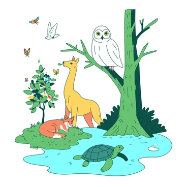 A white snowy owl perched on a branch of a tall green tree, looking around with wide eyes. Nearby, a small orange fox is resting on a bed of green grass, while a teal sea turtle swims gracefully in a clear blue pond. In the background, a yellow giraffe is stretching its neck to munch on some leaves from a nearby tree. Birds with vibrant plumage are flying above, and butterflies in various colors are fluttering around the scene.