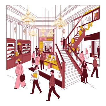An interior view of Harrods filled with busy shoppers exploring the store. The decor features grand chandeliers hanging from the high ceiling, casting a warm glow across the space. Richly detailed walls are adorned with intricate moldings and gold accents. Shoppers are scattered throughout, some admiring the luxurious displays of merchandise, while others are engaged in conversations. There are elegant wooden displays showcasing high-end items, and a large floral arrangement adds a touch of color to the scene. A few shoppers are walking past a lavish staircase that spirals elegantly upward.