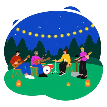 A nighttime scene featuring a band rehearsing outdoors beneath a sky filled with stars. The musicians are gathered around a variety of instruments, including a guitar, drums, and a keyboard. Soft, warm lights are strung above them, casting a gentle glow on their faces and creating an inviting atmosphere. The grass beneath them is lush and green, and small, glowing lanterns are placed around the area, enhancing the cozy ambiance. In the background, silhouettes of trees frame the scene, adding depth to the outdoor rehearsal setting.