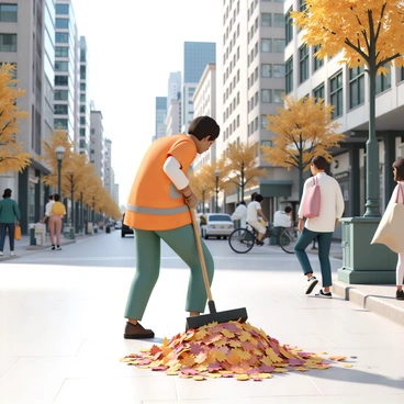 A city worker sweeping leaves on a bustling urban street
