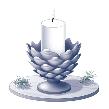 A rustic candle holder is crafted from a large, hollowed-out pine cone. The pine cone shows detailed scales, adding texture to the surface. The hollowed interior is designed to securely hold a candle, which sits snugly within the cone. The base is slightly wider, providing stability as it rests on a wooden table. The surrounding area features scattered pine needles and small twigs, enhancing the natural theme of the scene.