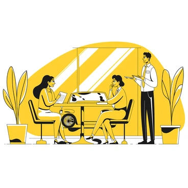 A customer sitting at a table in a dealership, discussing their test drive experience with a dealership employee. The customer has a thoughtful expression, holding a feedback form with notes. The employee, wearing a name tag and a blazer, is listening attentively and taking notes on a notepad. A car model can be seen in the background, showcasing its sleek design. The sunlight is coming through the large windows, illuminating the space. There are potted plants adding a touch of greenery to the environment.