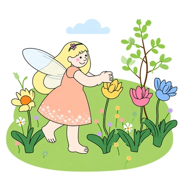 A small fairy with delicate translucent wings and a shimmering dress in pastel colors stands in a vibrant meadow. The fairy has long flowing hair adorned with tiny flowers. She gently touches the petals of colorful flowers, and as her fingers make contact, the flowers bloom and open wide. The meadow is filled with various flowers in shades of yellow, pink, and blue, surrounded by lush green grass. In the background, there are a few trees with fresh green leaves, and the sky is bright with a few fluffy clouds. The scene conveys a sense of renewal and the arrival of spring.
