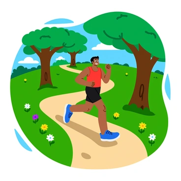 A person jogging along a winding trail in a lush green forest. The jogger is wearing a bright red tank top and black shorts, with a determined expression on their face. Tall trees with vibrant green leaves arch over the trail, creating a natural canopy. Sunlight filters through the branches, casting playful shadows on the path. Colorful wildflowers bloom along the edges of the trail, adding splashes of yellow, purple, and white to the scene. The ground is covered with soft green grass and small pebbles, enhancing the natural beauty of the forest setting.