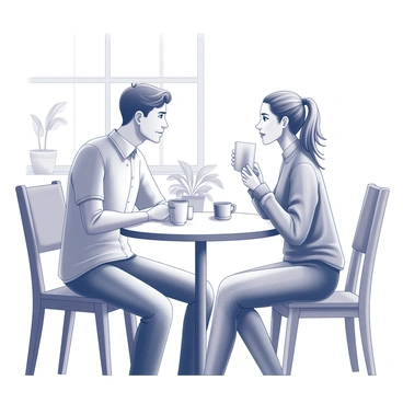 Two friends are seated at a small round table in a café. One friend, a man, has short hair and is wearing a casual button-up shirt. The other friend, a woman, has long hair tied back and is dressed in a comfy sweater. They are leaning slightly toward each other, engaged in a serious conversation. Each has a coffee cup in front of them. The café setting includes wooden furniture, a few potted plants on the windowsill, and a softly lit ambiance. Their expressions are focused, indicating the importance of their discussion on "respect" and "equality."