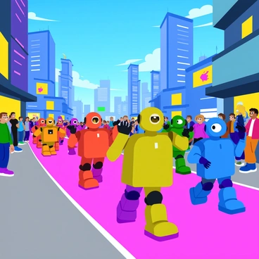 A group of colorful, friendly robots marching in formation through a vibrant futuristic cityscape. Each robot has a unique design, showcasing various shapes and features, such as rounded bodies and expressive faces. The city in the background is filled with tall buildings featuring bright neon lights and holographic displays. The sky is a clear blue, and the ground is lined with glowing pathways. Spectators, including humans and other small robots, are watching excitedly from the sidewalks. Some robots are waving their arms as they march, adding to the cheerful atmosphere.