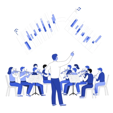 A conductor stands at the front of an orchestra, confidently gesturing with a baton. The ensemble is composed of various musicians playing a range of instruments including violins, cellos, flutes, and trumpets. Each musician is focused on their sheet music, with their eyes on the conductor. Above the orchestra, the sounds they produce are visualized as a series of "ROI graphs," with bars and lines representing sound waves and frequencies. The graphs float in the air, showing dynamic interactions as the orchestra plays, creating a connection between the music and the visual representation of sound. The overall scene captures the intensity and harmony of the performance.