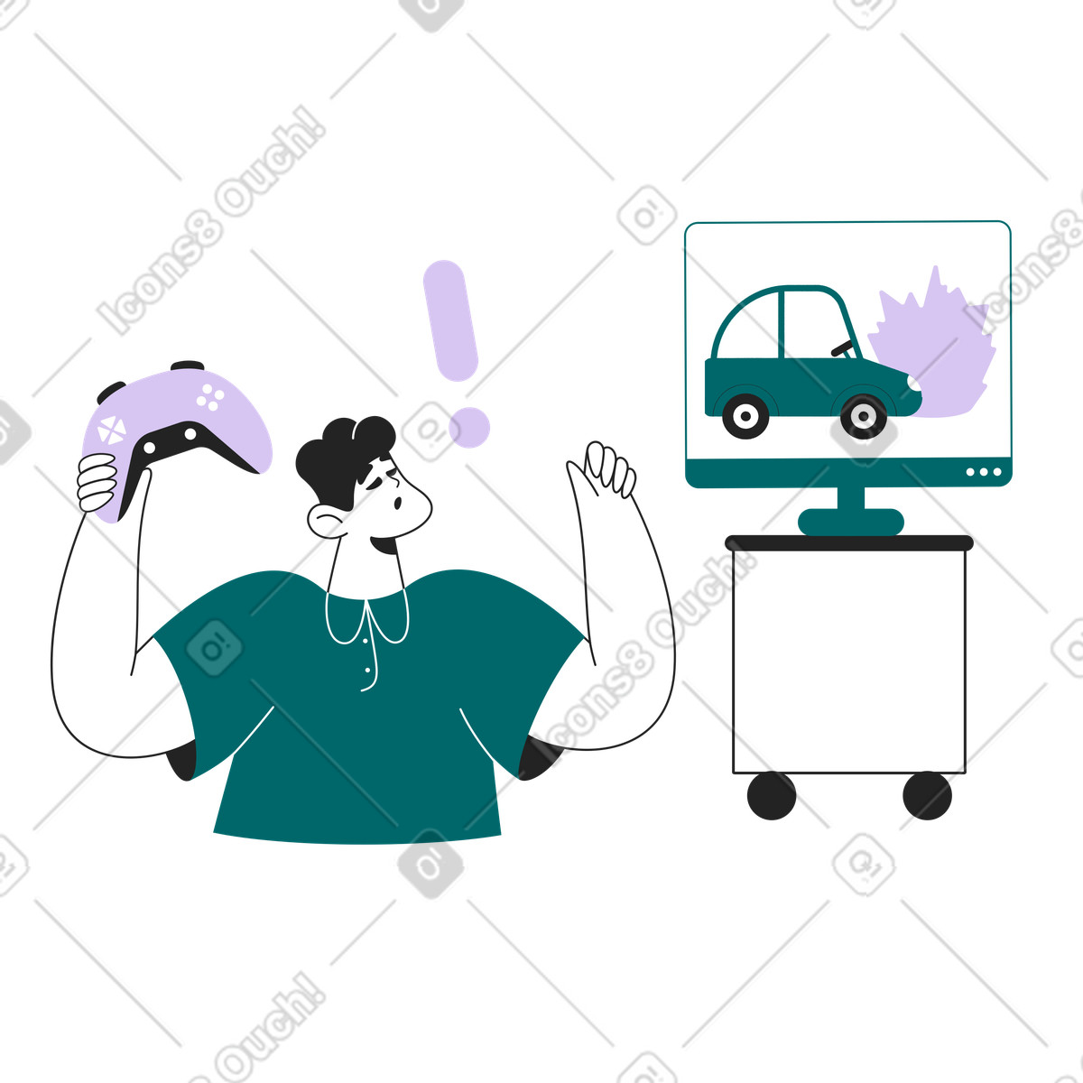 Car crash scene in video game with frustrated player, Gaming challenge illustration Sammy Line style download PNG, SVG