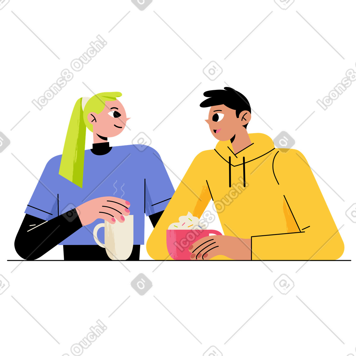 Иллюстрация Couple talking over beverages, Leisure and conversation в стиле Juicy — скачать в форматах PNG, SVG