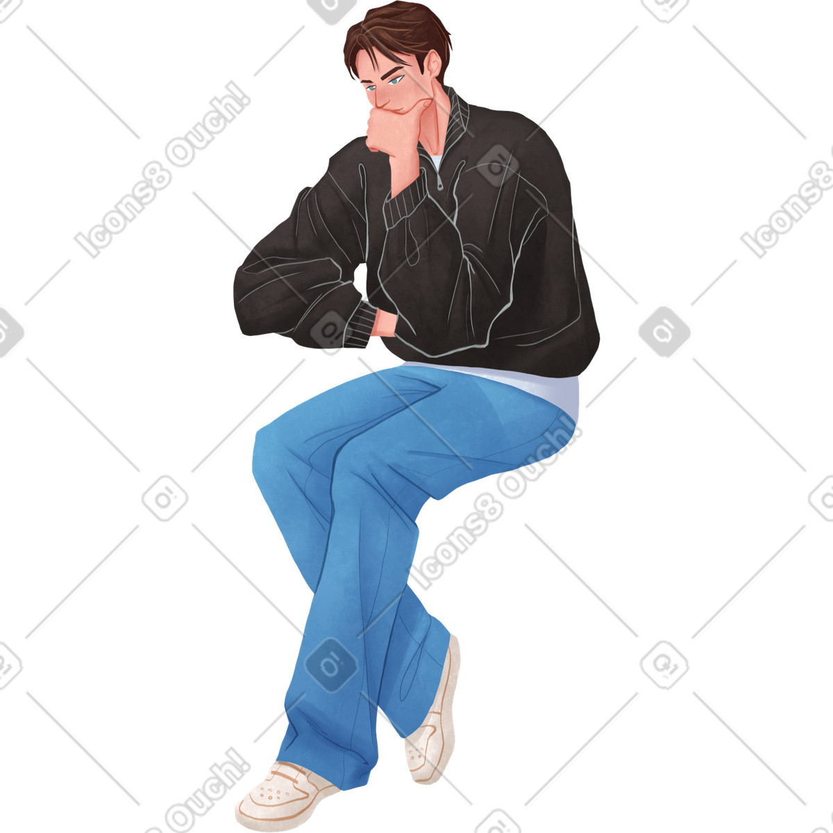 Ilustración Man sitting with his chin resting on palm en estilo Lifestyle a descargar en PNG y SVG