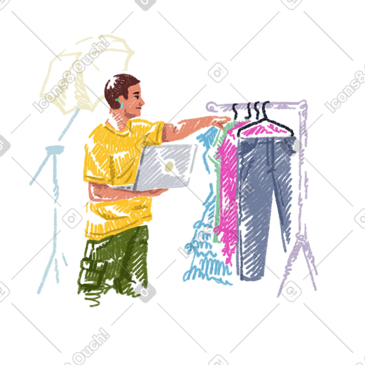 A man picking clothes for online orders illustration in Sketchbook style download in PNG, SVG