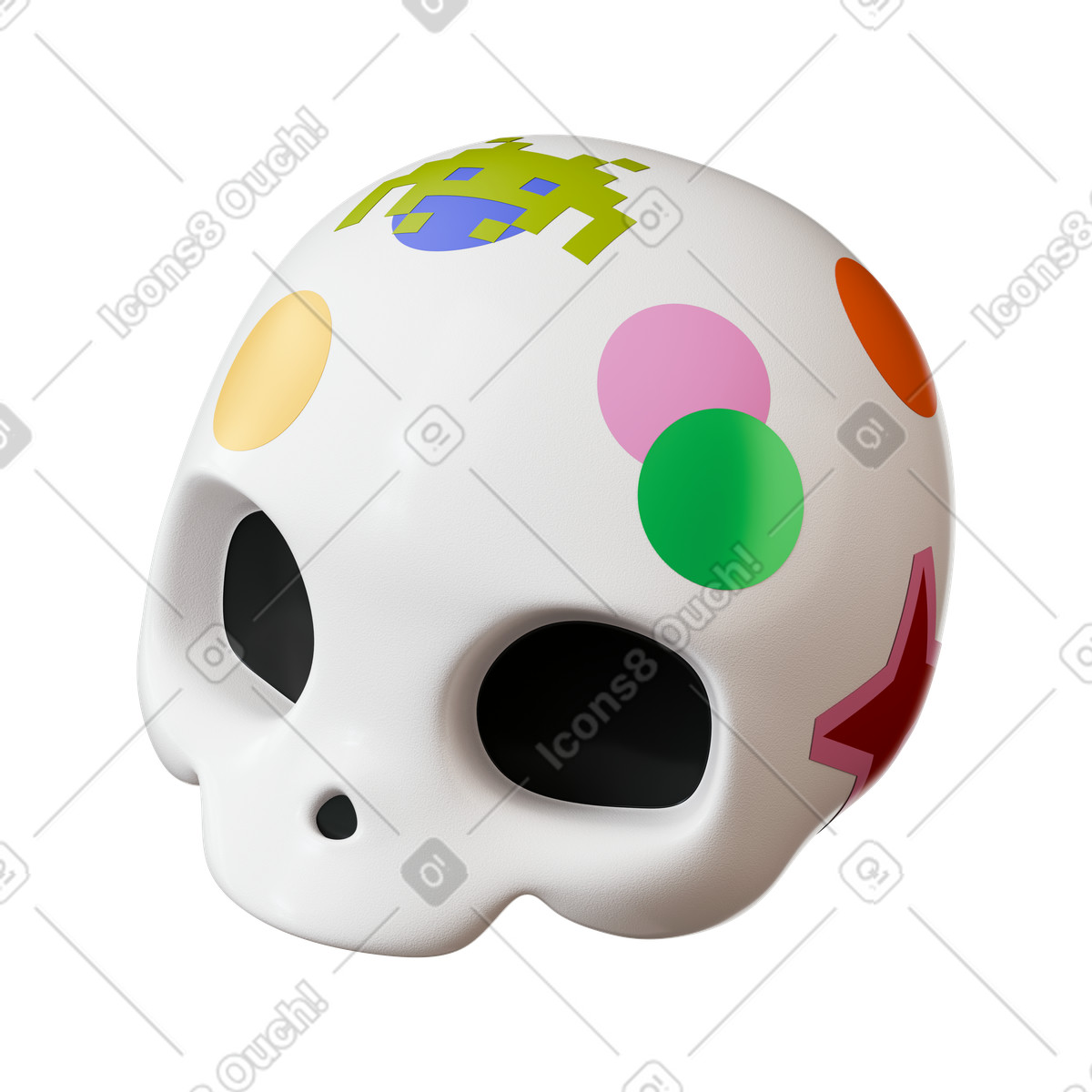 Ilustración Halloween skull with colorful stickers for spooky party decor en estilo 3D Stickle a descargar en PNG y SVG