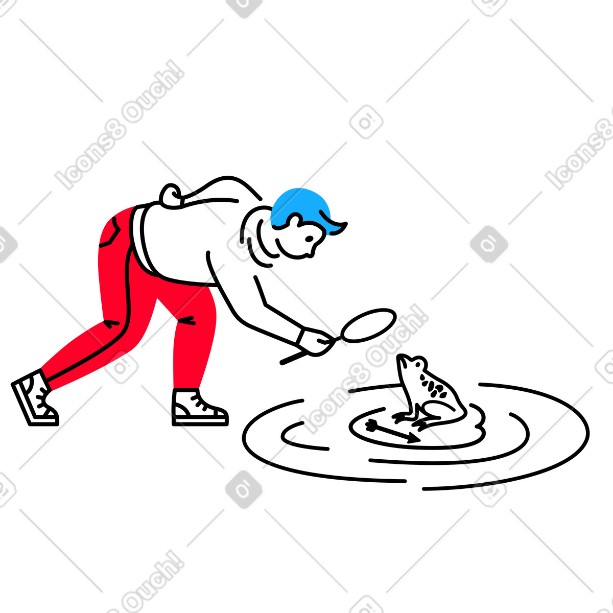 Explorer inspecting frog in puddle, Wildlife education or biology research illustration Transistor style download PNG, SVG