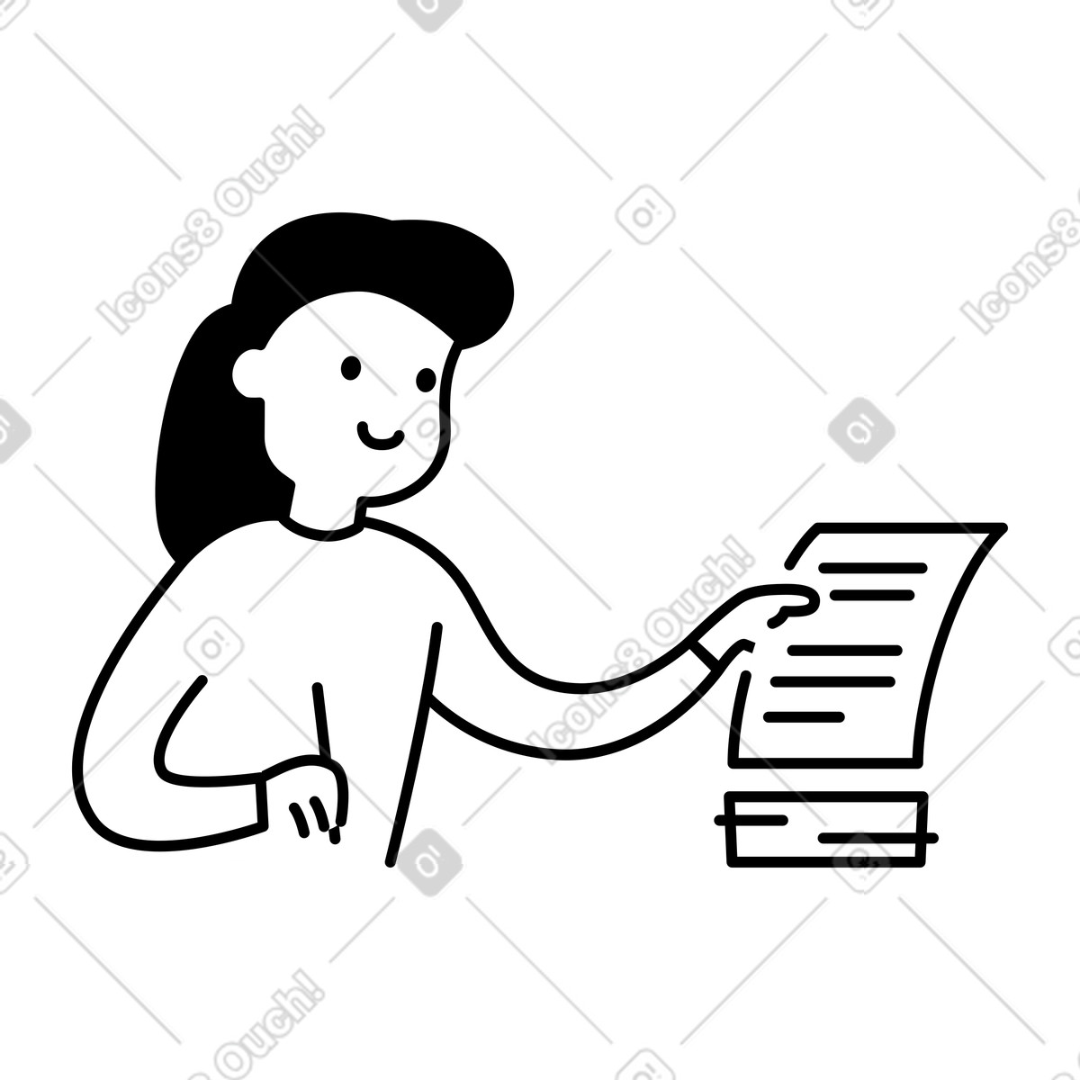 Illustration Document signing hand holding pen and contract above paper stack dans le style Notion Line Art à télécharger aux formats PNG, SVG