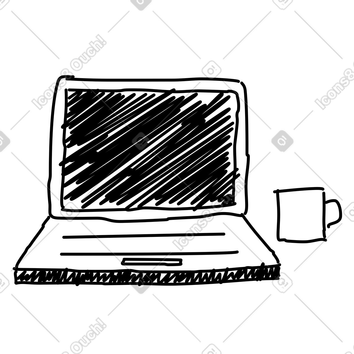 下载 Rough 风格的 Laptop computer sketch with coffee mug for remote work concept 插画，支持 PNG、SVG 格式