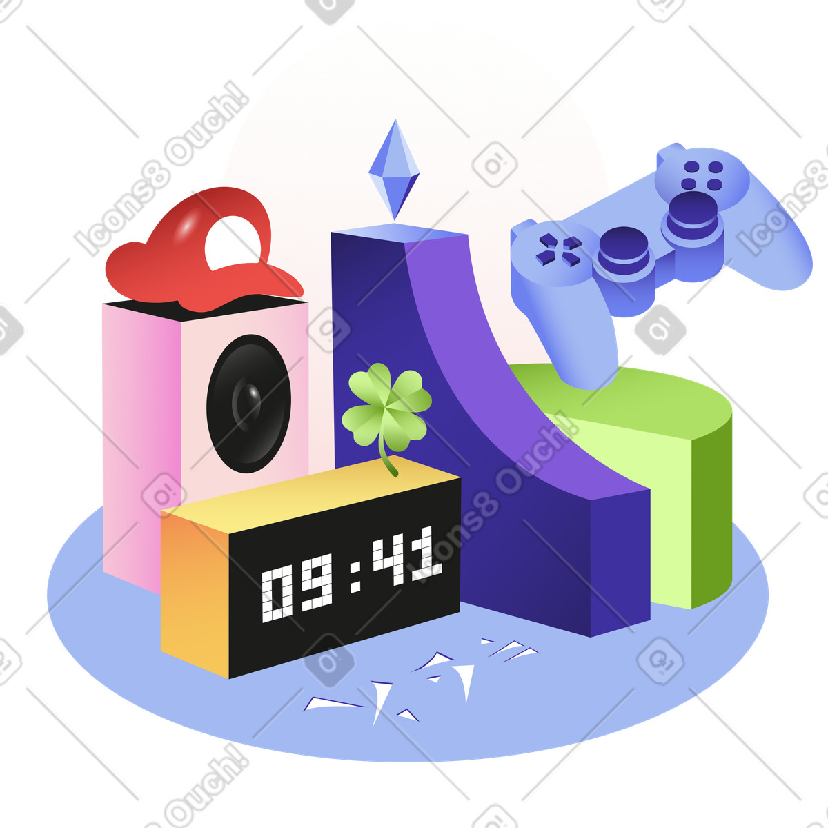 Ilustração de Relógio digital, alto-falante e gamepad para jogos em no estilo Levels baixar em PNG, SVG