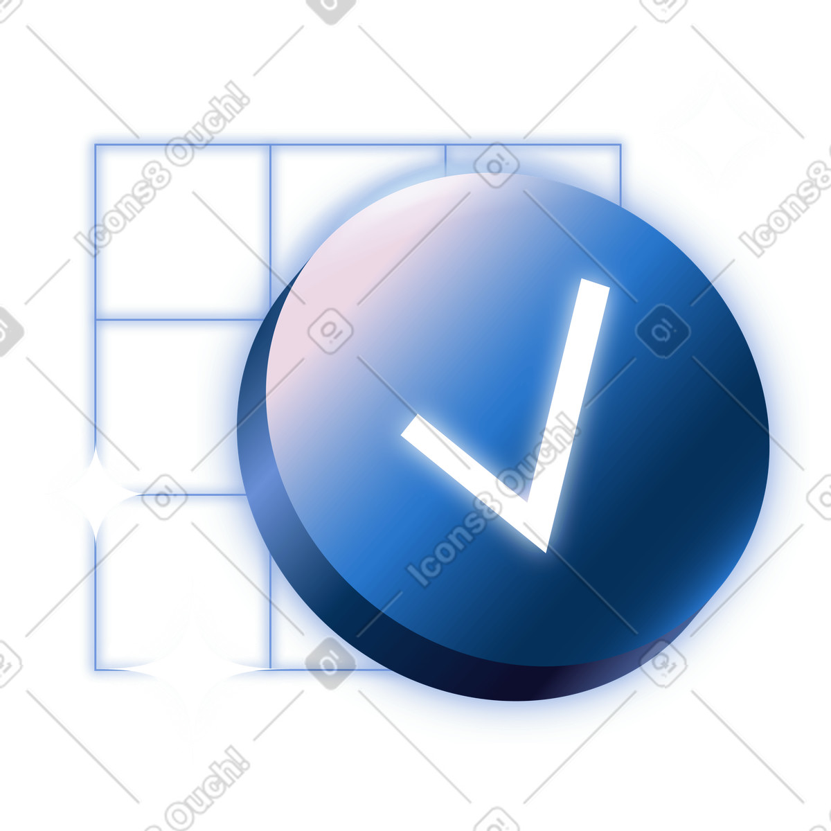 Glowing check button with sparkles, verification and approval badge illustration in Dimension style download in PNG, SVG