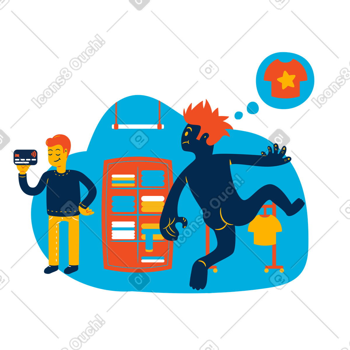 People shopping in clothing store illustration Flame style download PNG, SVG