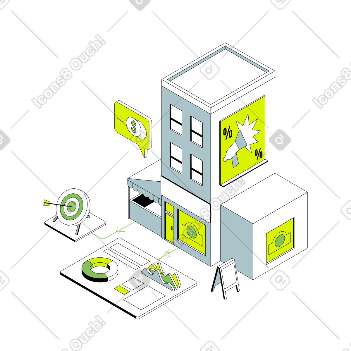 Illustration Marketing, relations publiques, publicité et entrepreneuriat dans le style Isometric à télécharger aux formats PNG, SVG