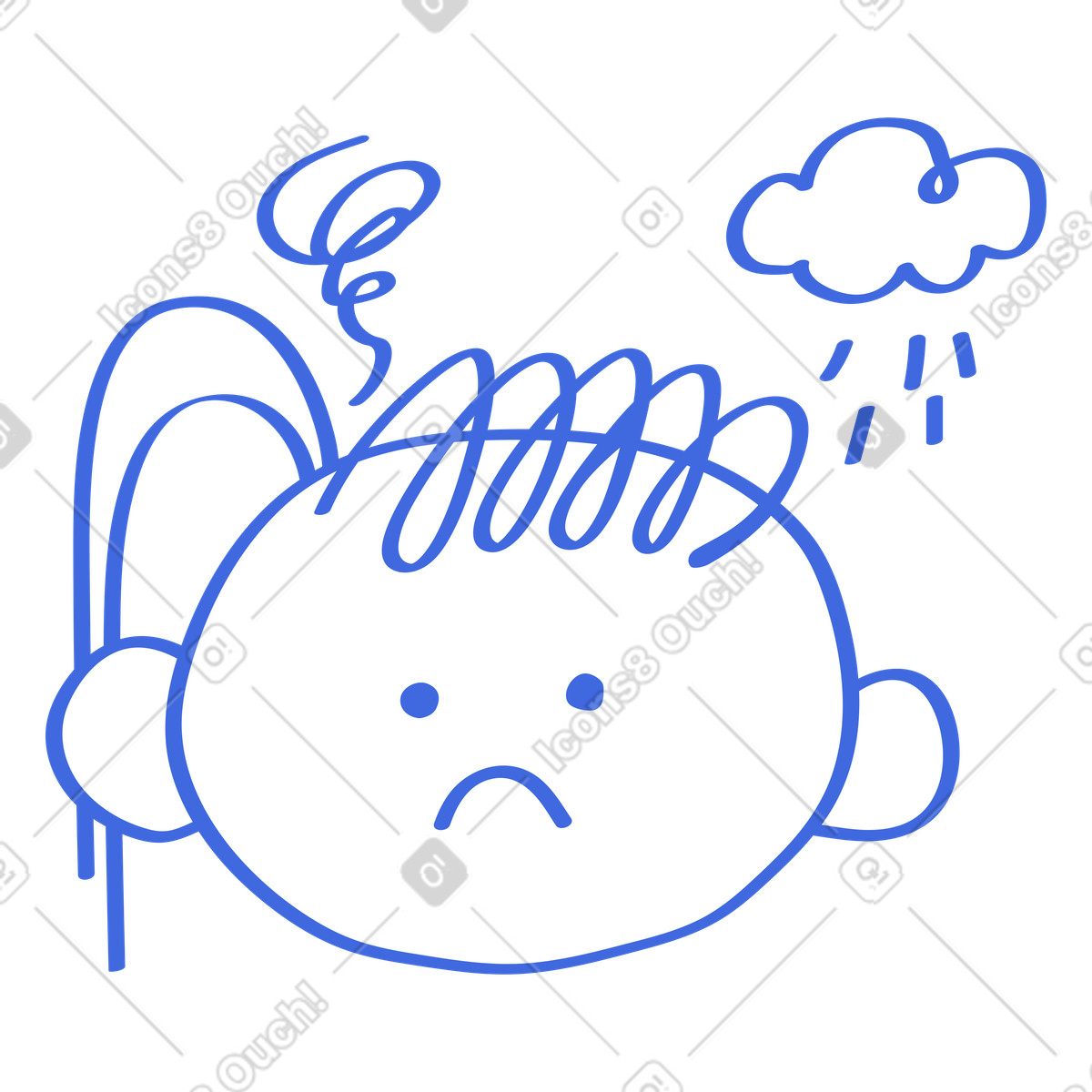 下载 Ballpoint Pen 风格的 Face sad expression with rain cloud and scribble stress lines 插画，支持 PNG、SVG 格式
