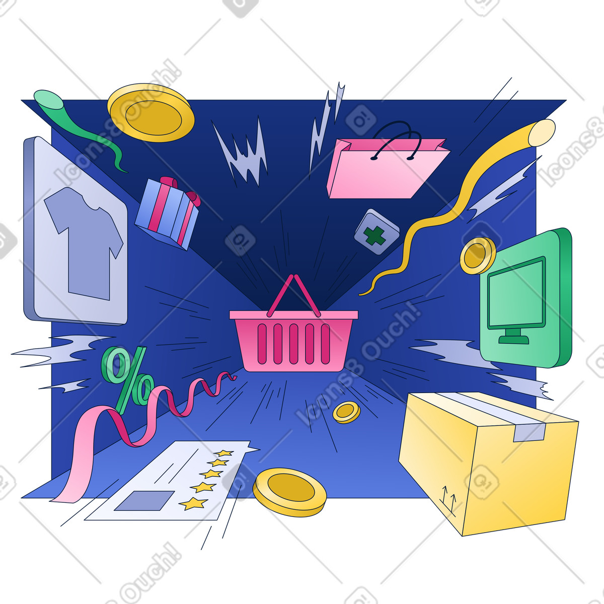 Goods and promotions flying into the shopping cart illustration in PNG, SVG