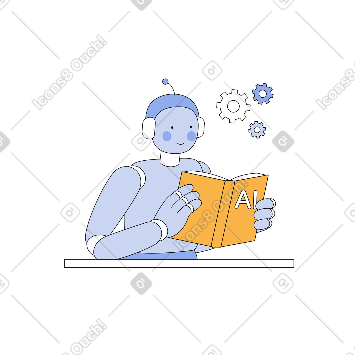 Robot reading book about artificial intelligence illustration in Bloom style download in PNG, SVG
