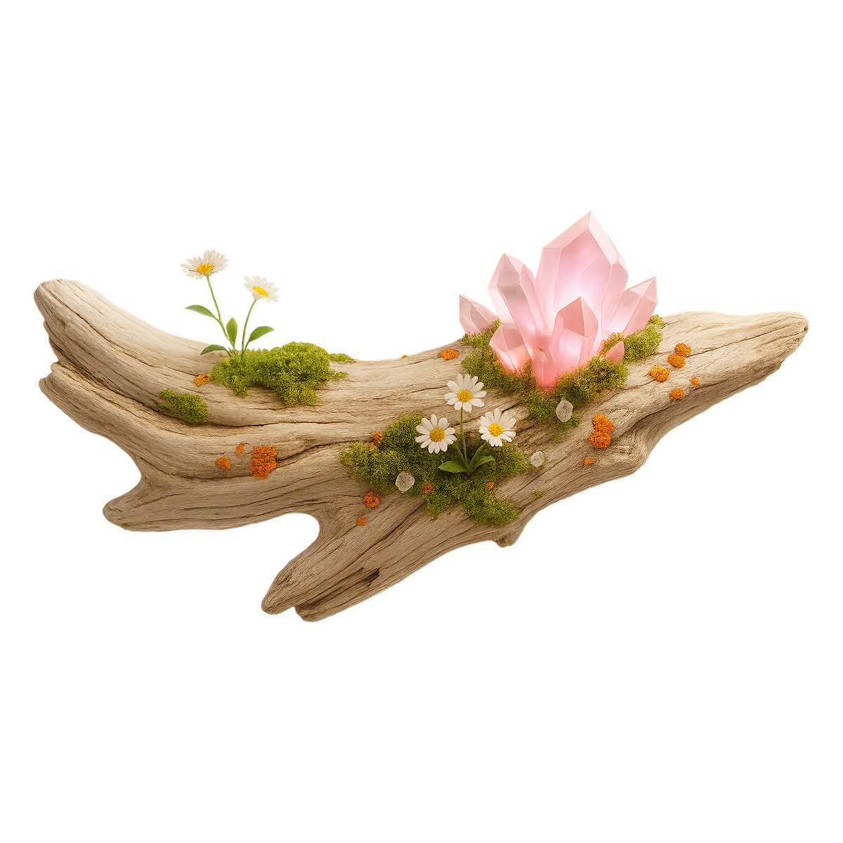 下载 Biomorphic 风格的 Pink crystal growing on driftwood with flowers, Fantasy nature decoration 插画，支持 PNG、SVG 格式