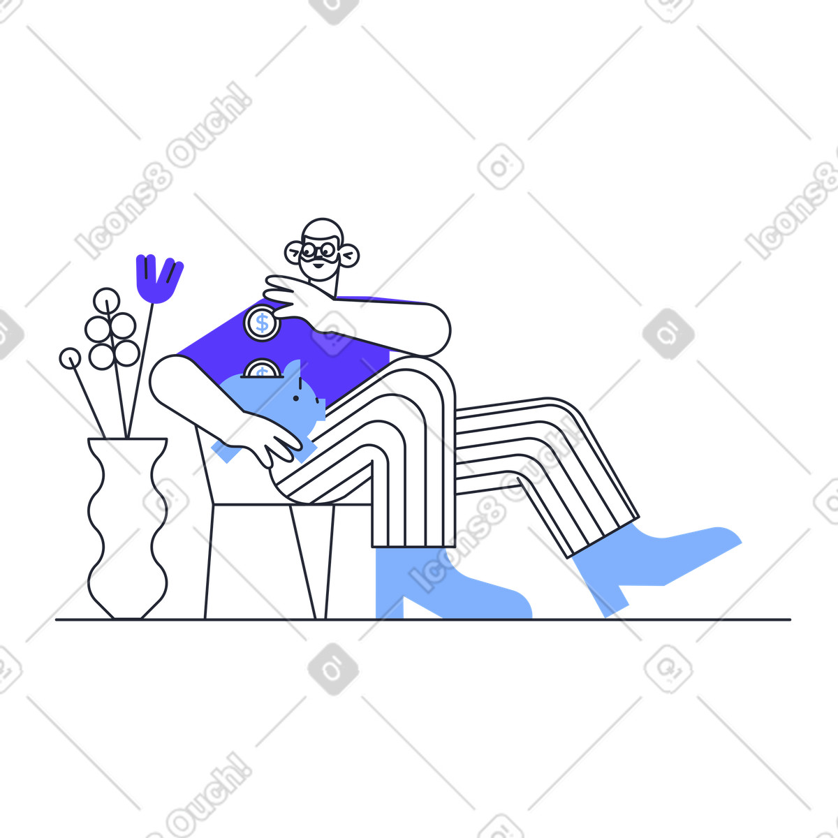 Ilustração de Homem colocando moedas no cofrinho para economizar dinheiro em estilo Pablita baixar em PNG, SVG