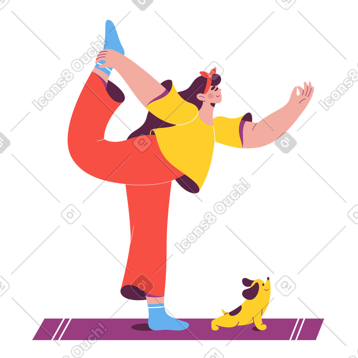 Illustration Fille avec un chien faisant du yoga sur tapis dans le style Sammy à télécharger aux formats PNG, SVG