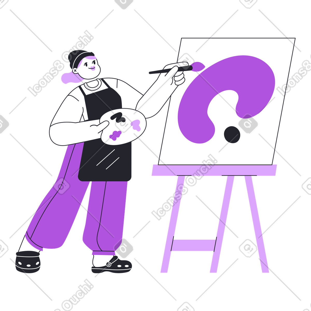Künstlerfrau, die mit einer staffelei malt-Illustration im Grapy-Stil als Download in PNG, SVG