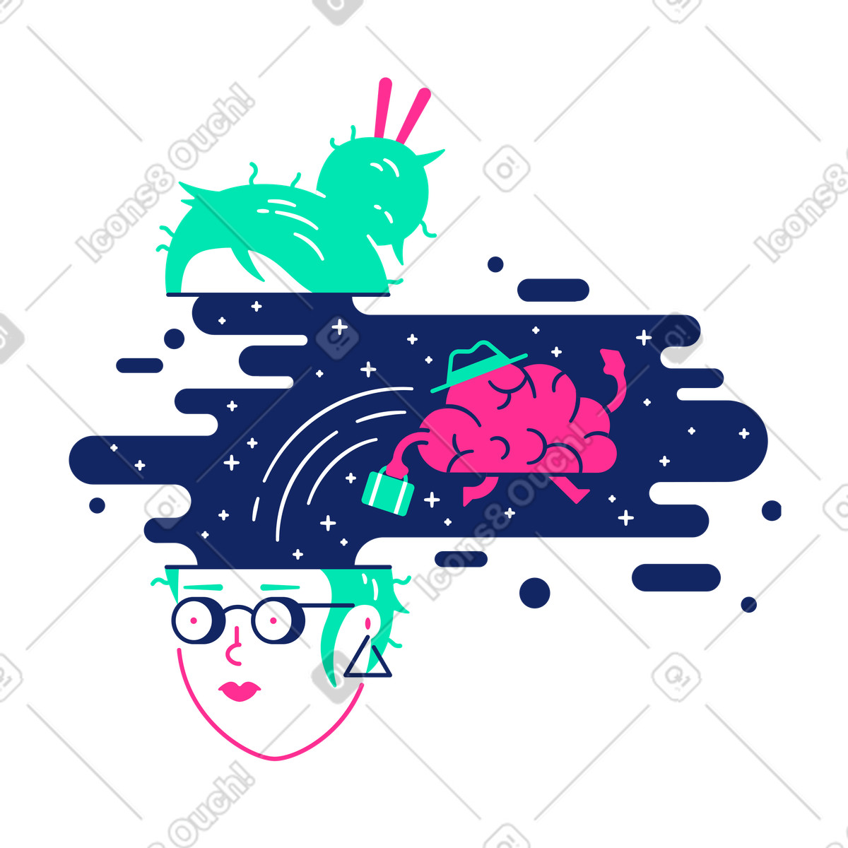 Brain with suitcase leaving head, Stress relief and pause necessity illustration in Cyborg style download in PNG, SVG