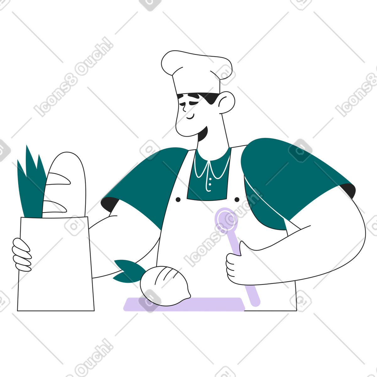 Ilustración Cocine preparando los ingredientes para una receta. en estilo Sammy Line a descargar en PNG y SVG