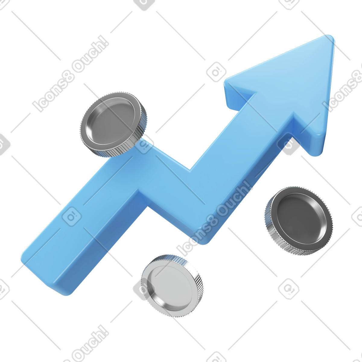 Ilustración Flecha ascendente con monedas para el crecimiento de los ingresos en estilo 3D Corporate a descargar en PNG y SVG