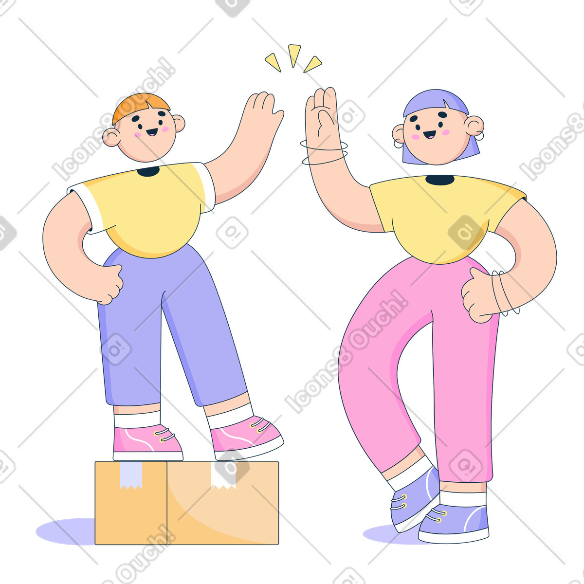 Ilustración Mujer alta chocando los cinco con un hombre bajo. en estilo Bubble gum a descargar en PNG y SVG